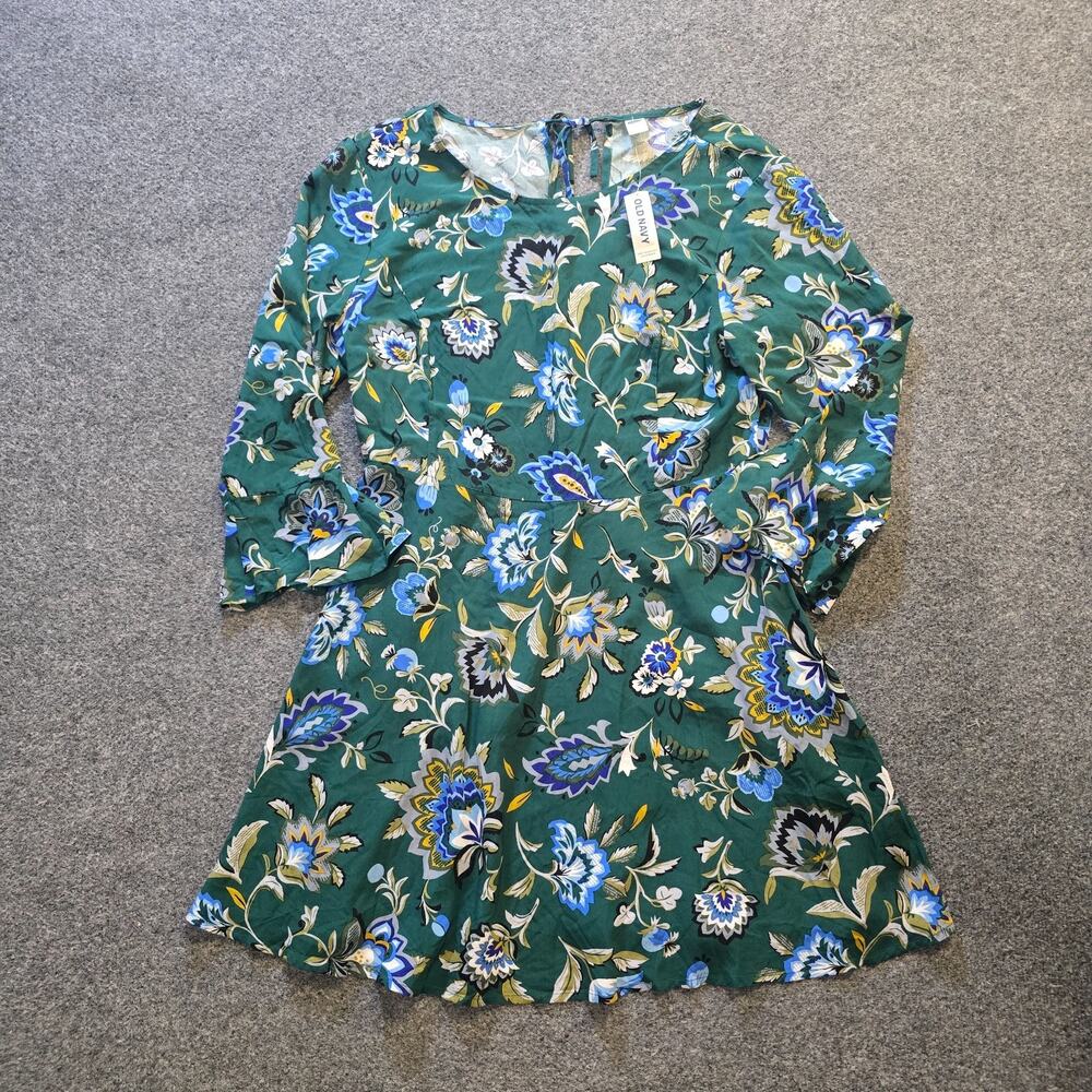 Old Navy Dress Women Size 12 Petite Green Floral Sheath Flare Sleeve Lightweight